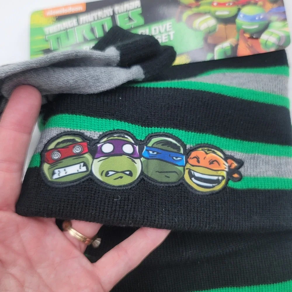 TMNT Boys Hat Glove and Scarf Set Nickelodeon Ninja Turtles Green Black Striped